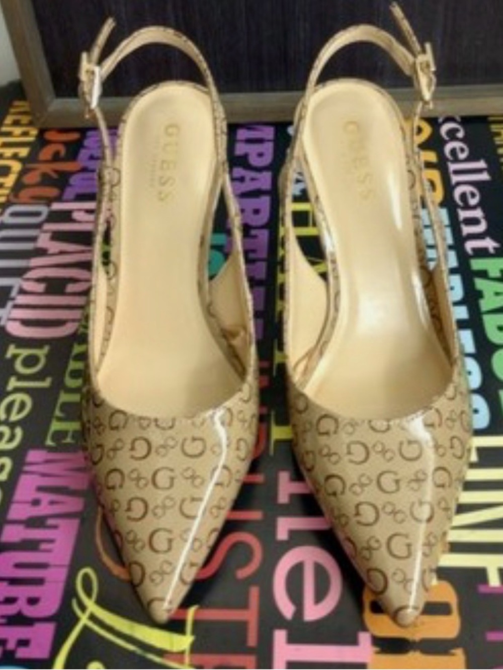 Guess Beige Logo Patent Slingback Pumps